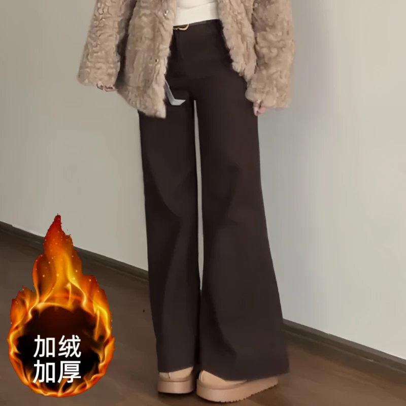 复古气质风加绒加厚休闲裤女冬季高腰直筒长裤胖mm遮肉显瘦牛仔裤