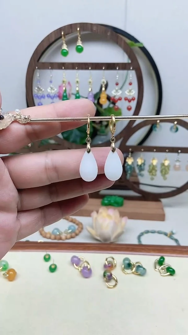 和田玉14K金镶嵌耳饰141号