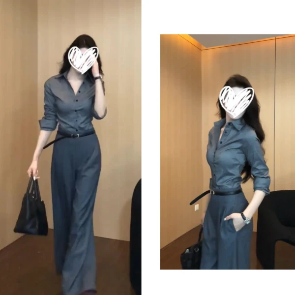 2025早秋新款法式气质职业御姐风翻领修身显瘦衬衫+阔腿裤两件套
