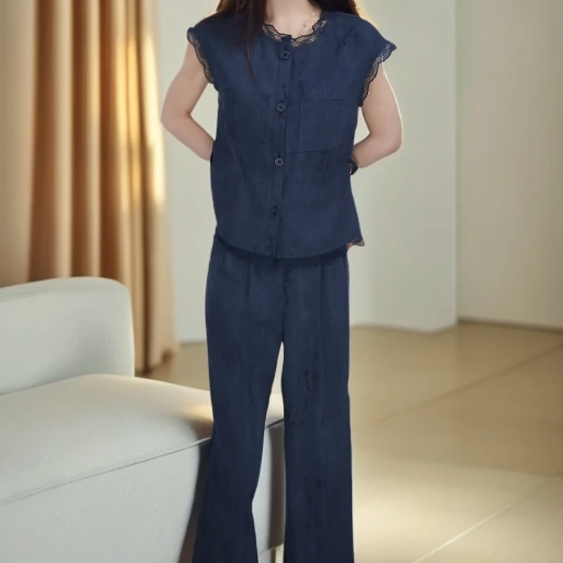 夏季时尚洋气无袖两件套蕾丝边气质透气舒适妈妈装设计师款妈妈装