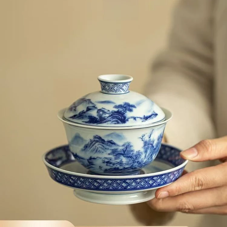 祖奇青花仿古山水三才盖碗防烫手陶瓷泡茶碗家用中式功夫茶具茶器