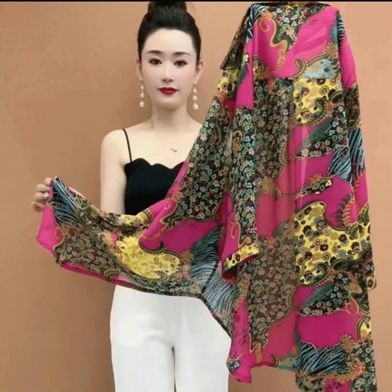 2025夏季宽松大码外搭开衫妈妈装花色时尚衬衫中长款七分袖防晒衣