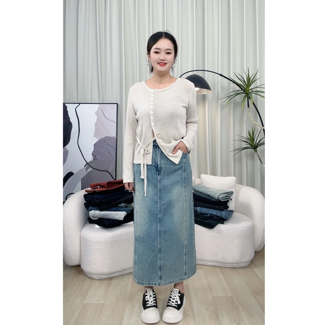 【遮胯显瘦半裙】后开叉复古港风高腰显瘦遮胯垂感牛仔中长裙8030