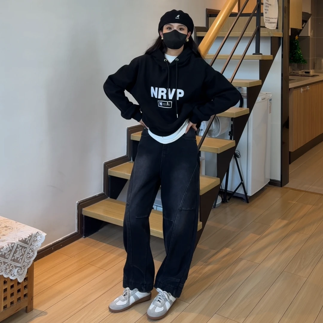 小个子150高街美式倒装牛仔裤女加绒水洗复古休闲弯刀裤拖地裤