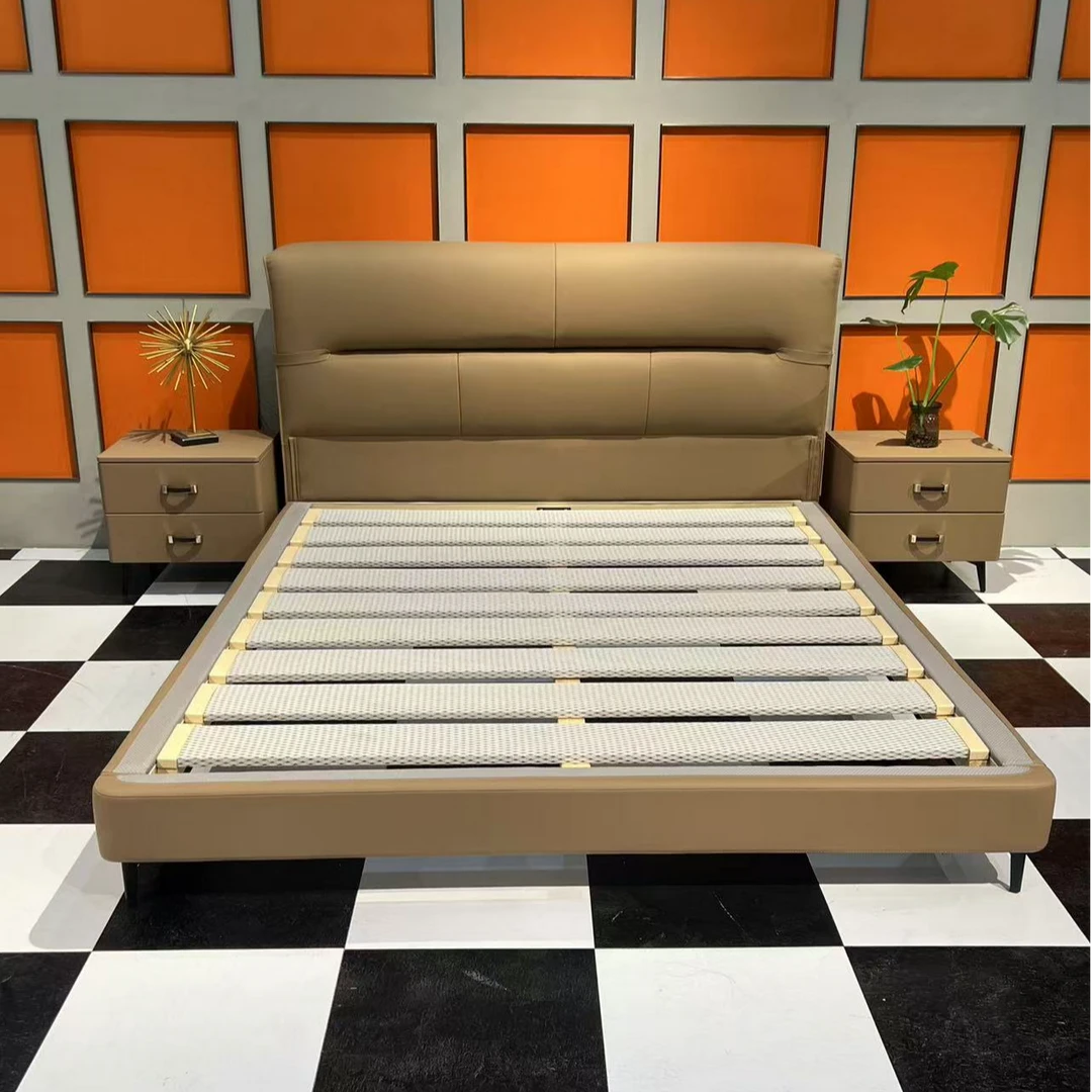 牛皮床简约大床极简主卧皮艺