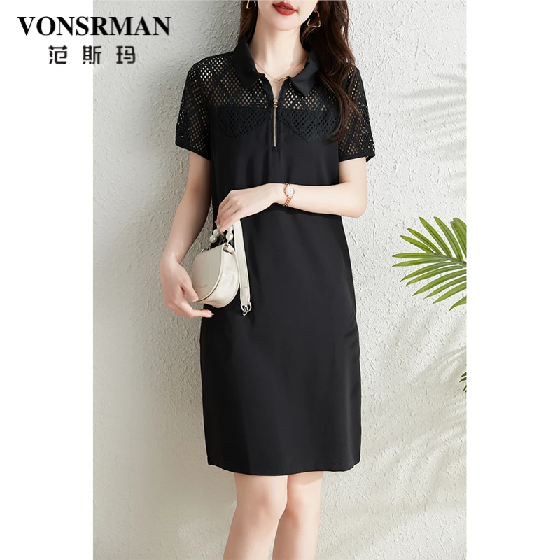 黑色镂空蕾丝拼接连衣裙女夏季2025新款宽松显瘦气质翻领小黑裙子