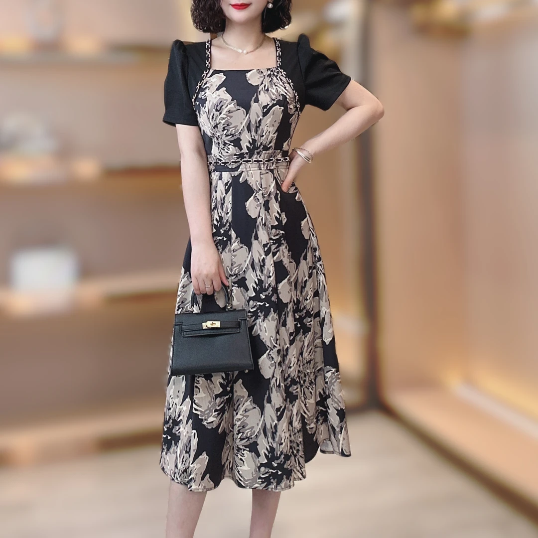 【黛丽丝尔】高端法式气质名媛v领高腰遮肚过膝显廋连衣裙-85083