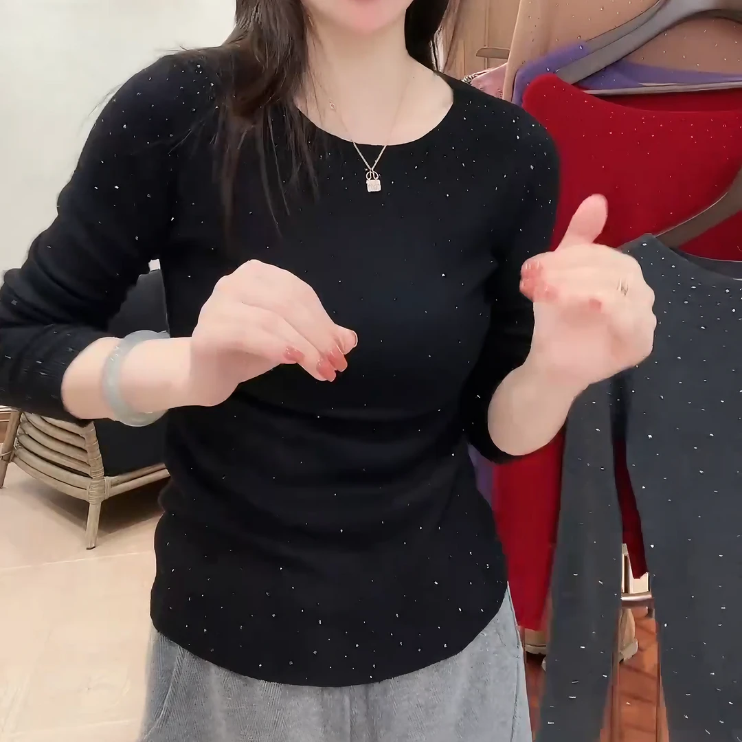 2025秋季显瘦气质百搭一字领精美烫钻长袖时尚针织衫女LK2506169