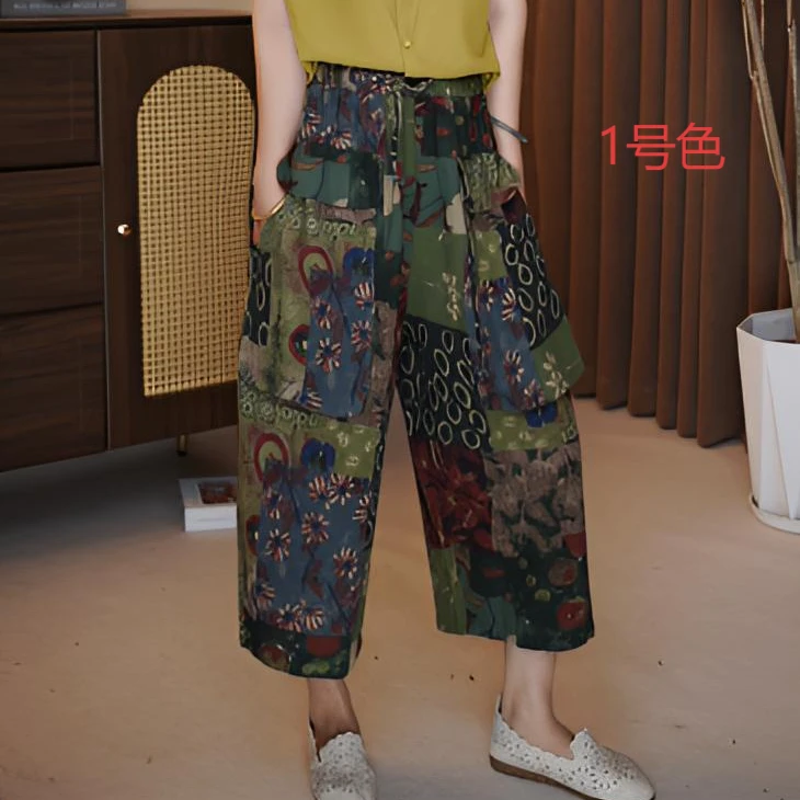 夏季大口袋直筒裤薄款休闲宽松无弹力棉麻透气印花休闲裤