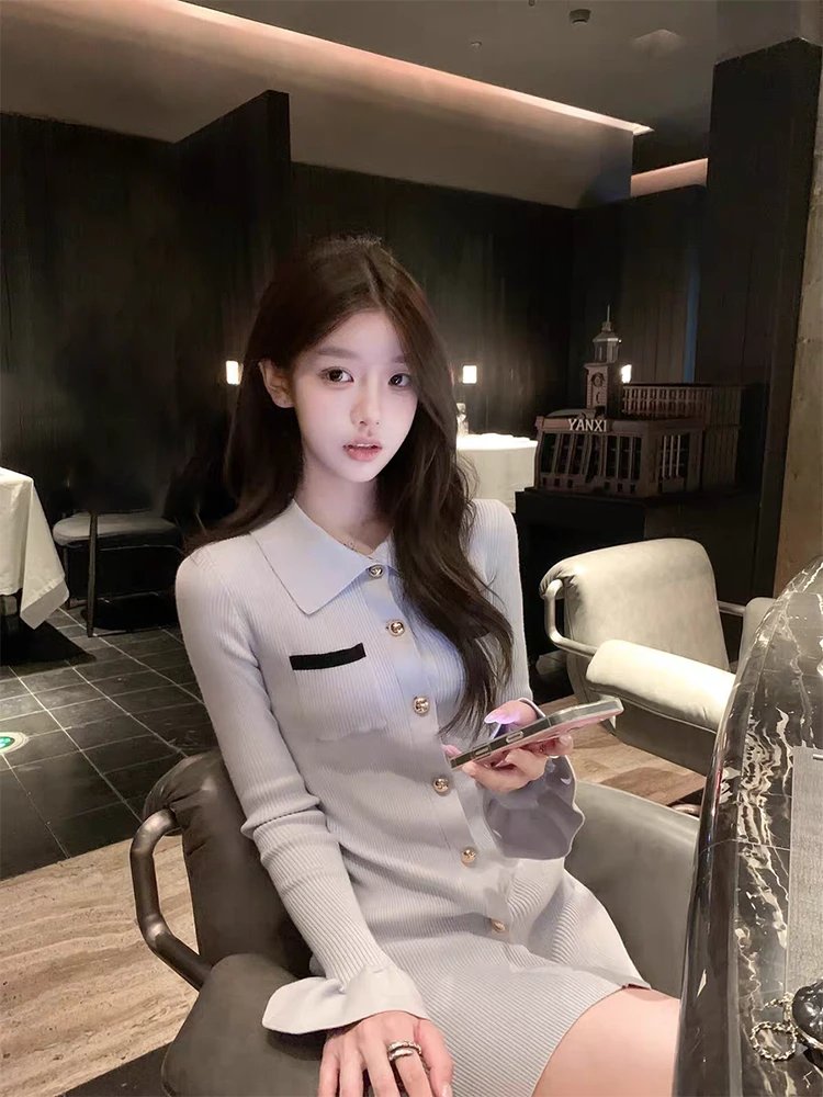 娇娇女友 甜美纯欲风气质喇叭袖针织连衣裙收腰显瘦性感包臀短裙