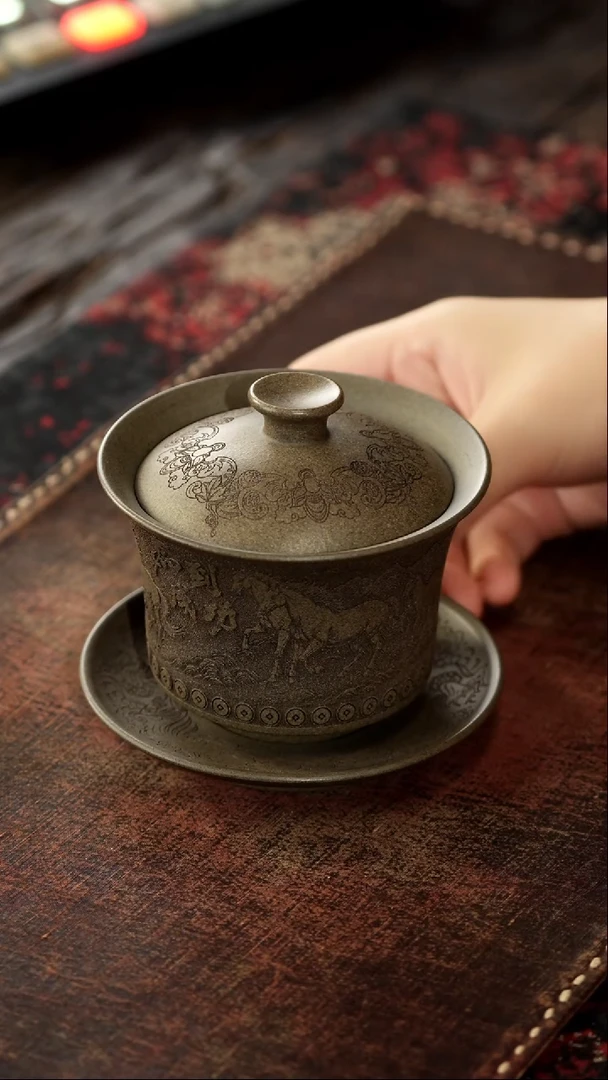 茶杯紫砂非遗茶器-八骏图盖碗