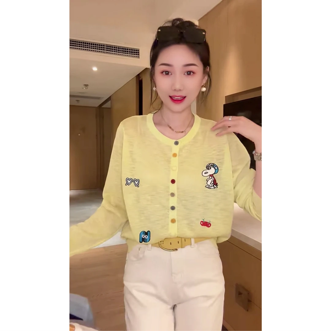 夏日减龄刺绣彩扣针织衫时尚超薄微透冰凉长袖防晒开衫上衣K697