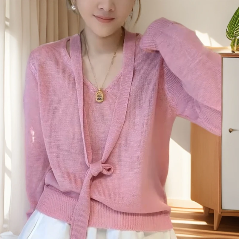 法式慵懒风V领针织系带长袖女2025年早秋新款宽松休闲百搭上衣女