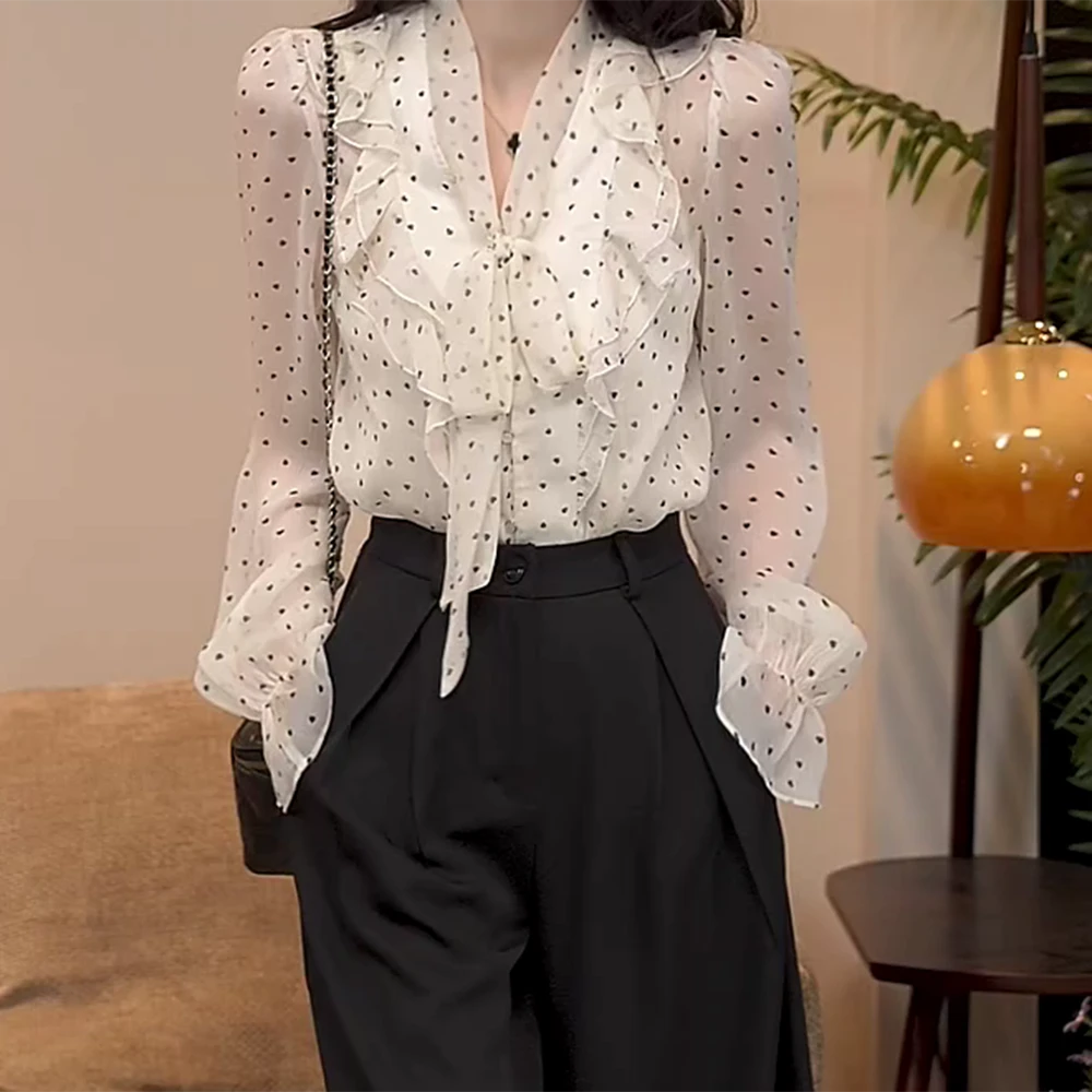 【枫影沉秋】法式高级感洋气波点衬衫衬衣女秋季上衣刺绣穿搭C5851