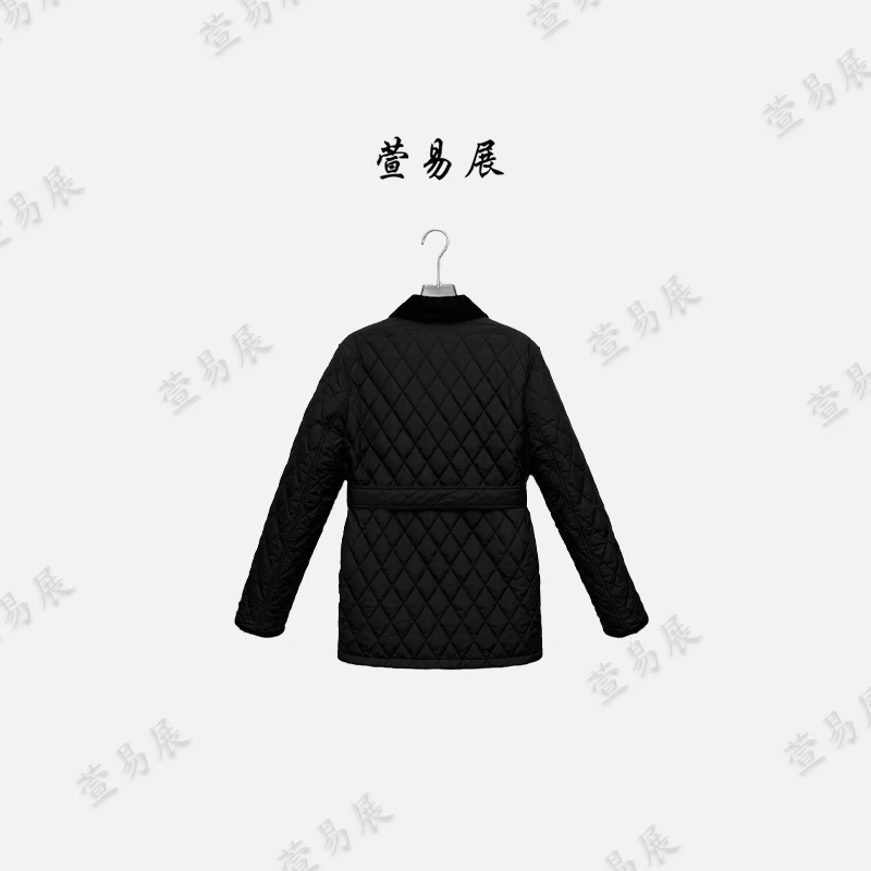 萱易展-经典格纹菱形绗缝腰带款收腰显瘦棉服外套-WT091002