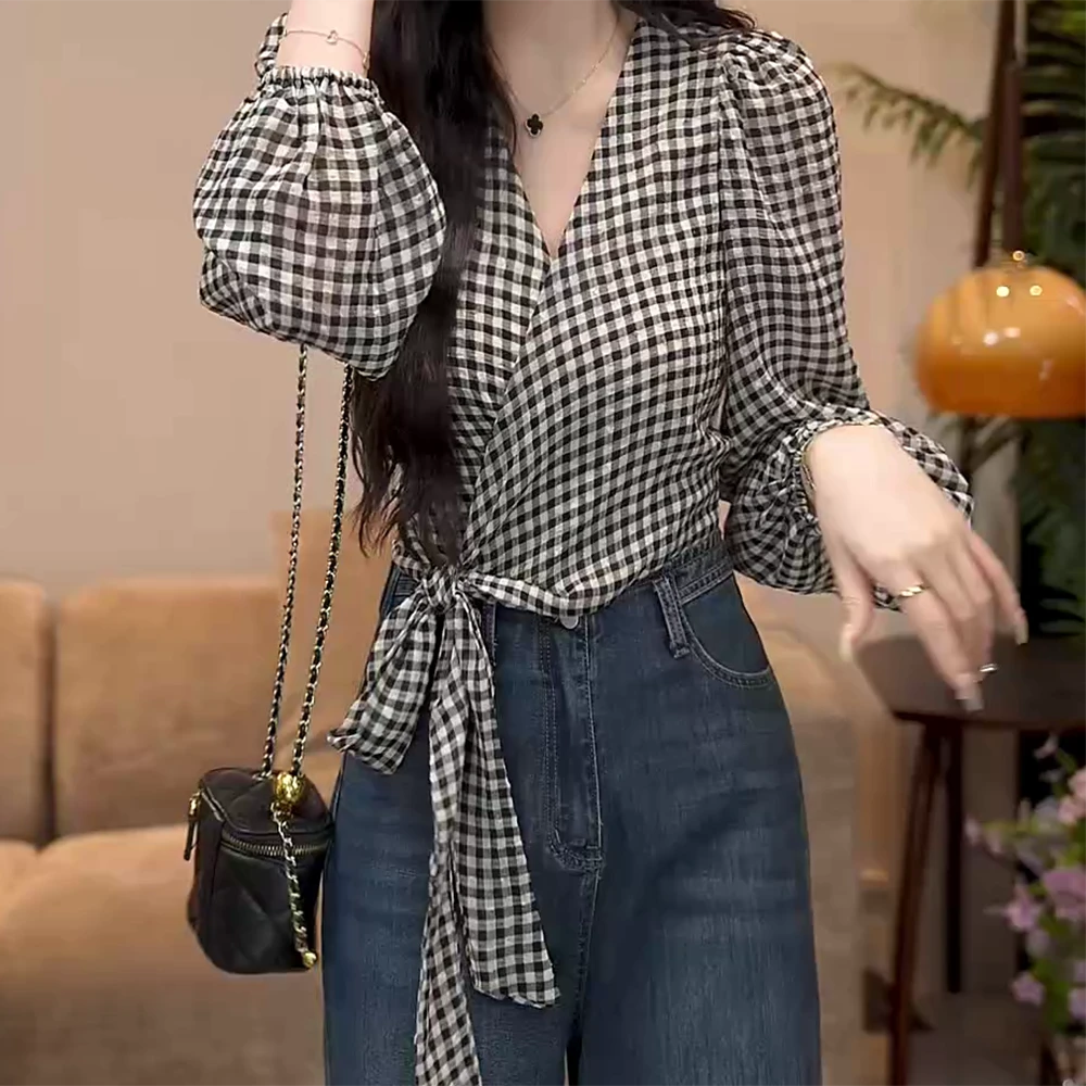 【竹摇碎影】高级感绑带收腰长袖格子衬衫女秋季C5862