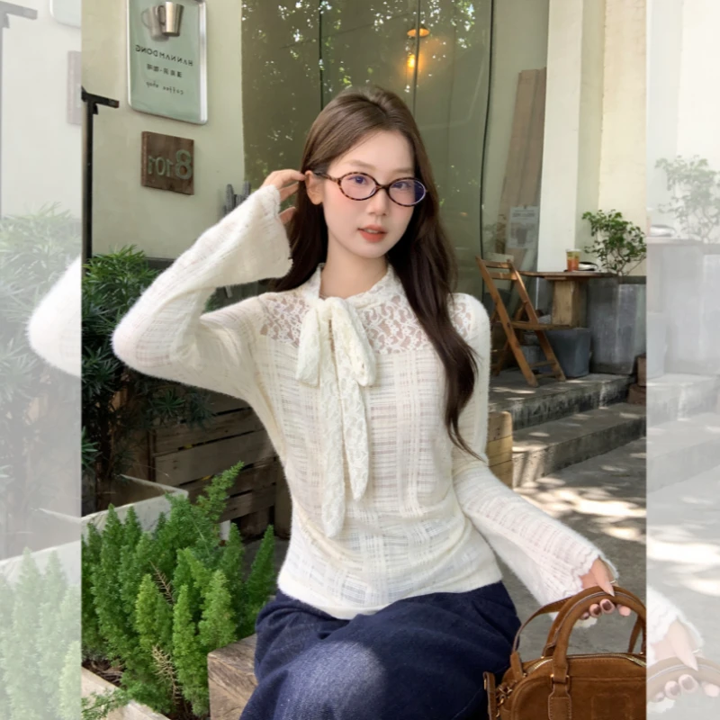 法式镂空蕾丝半高领打底女冬季蝴蝶结绑带小香风修身内搭上衣T恤