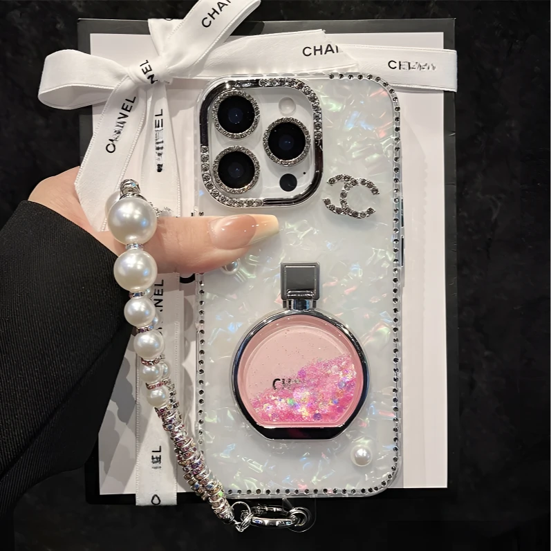 香水瓶流沙支架适用于苹果16promax15/14/13系列贝壳纹小香手机壳