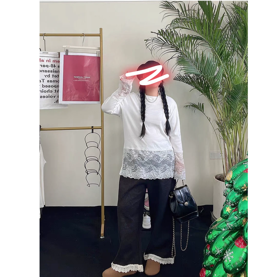 简约蕾丝拼接宽松长袖T恤大码220斤内搭打底上衣
