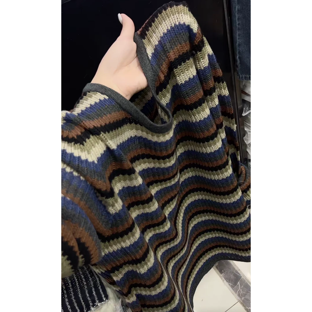 韩系日常气质百搭高级条纹撞色拼接上衣女2025早秋宽松长袖针织衫