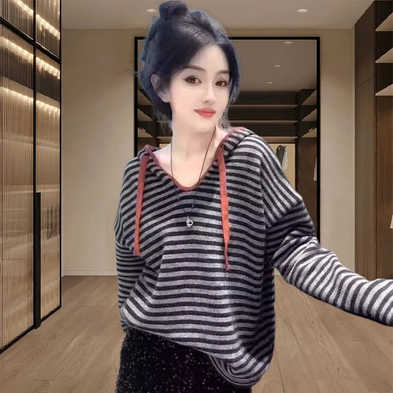 2025新款今年流行爆款卫衣女装春秋韩系百搭宽松显瘦条纹连帽上衣
