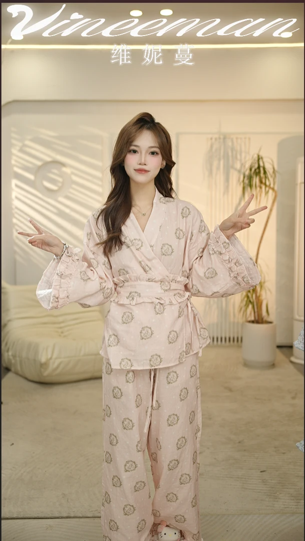 【兔岛眠眠】睡衣女秋冬季新款长袖家居服装甜美和服腰带设计套装C
