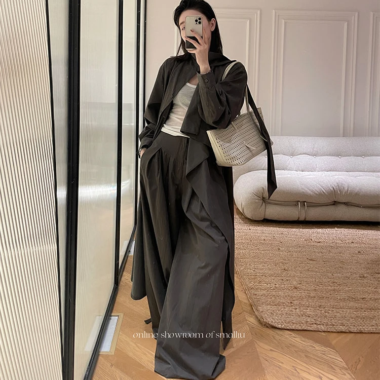 SMALLIU 流光风天丝飘带绑绳设计复古风衣多种穿法不规则大衣