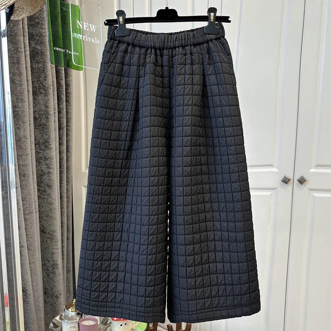 设计感菱格夹棉阔腿九分裤女冬季新款梨型身材宽松显瘦直筒休闲裤