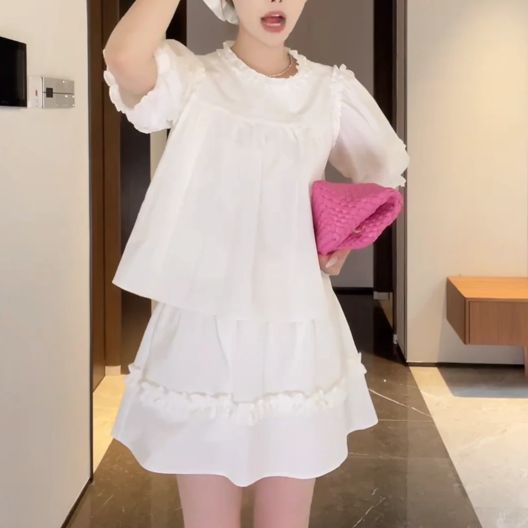 2025新款夏季千本樱特调泡泡袖花边套装上衣+半身裙LK2503217