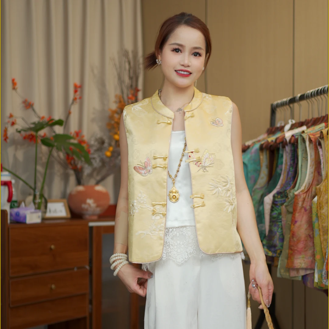 CHUNTIAN/椿锦【竹蝶】新中式宋锦提花时尚马甲