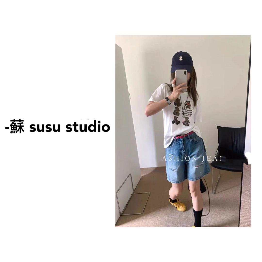 MM复古高腰破洞直筒牛仔短裤女夏季小个子宽松显瘦休闲1029