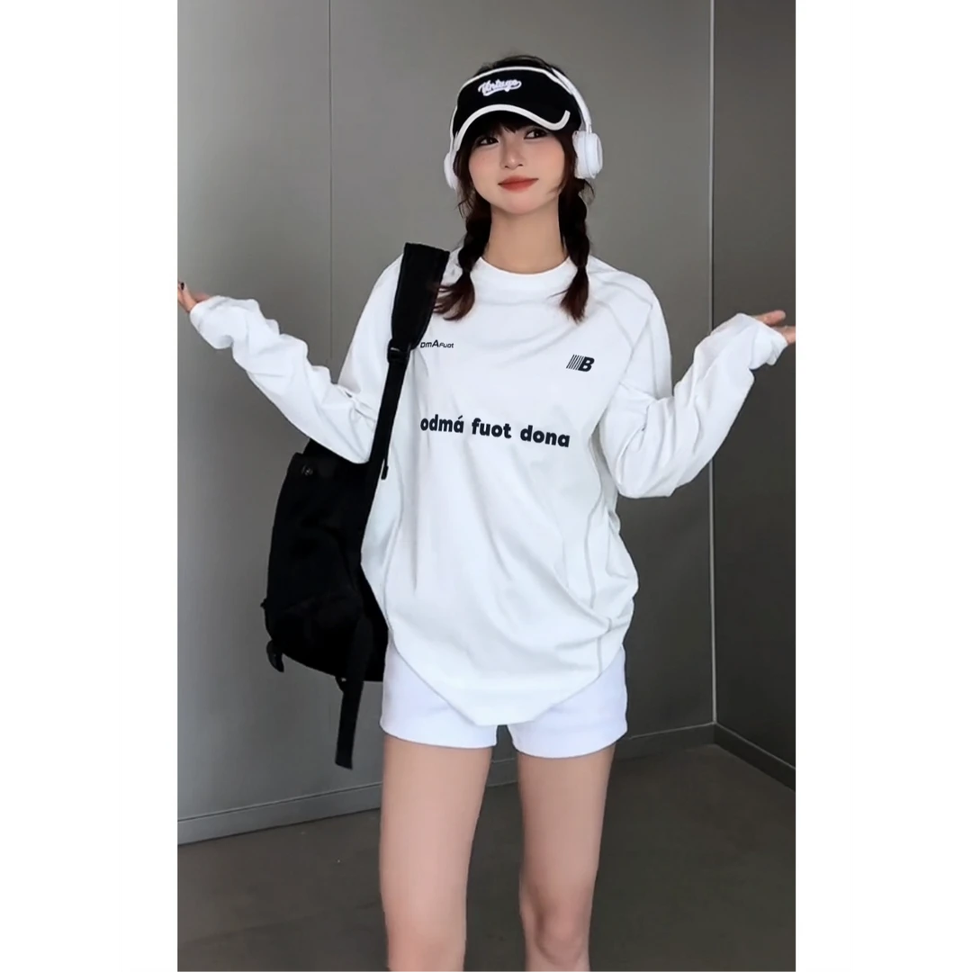 时尚高级感宽松上衣服早秋新款字母印花拼接长袖圆领运动t恤