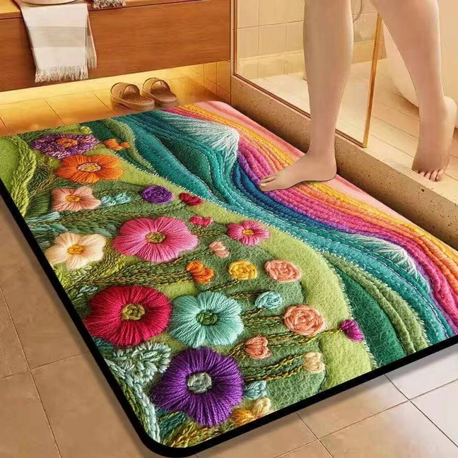 新仿毛线针织彩虹花卉5D高级感科技布吸水卫生间易干脚浴室门口垫