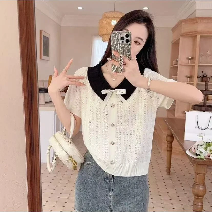 夏新款设计感蝴蝶结针织镂空娃娃领针织衫洋气短袖T恤上衣