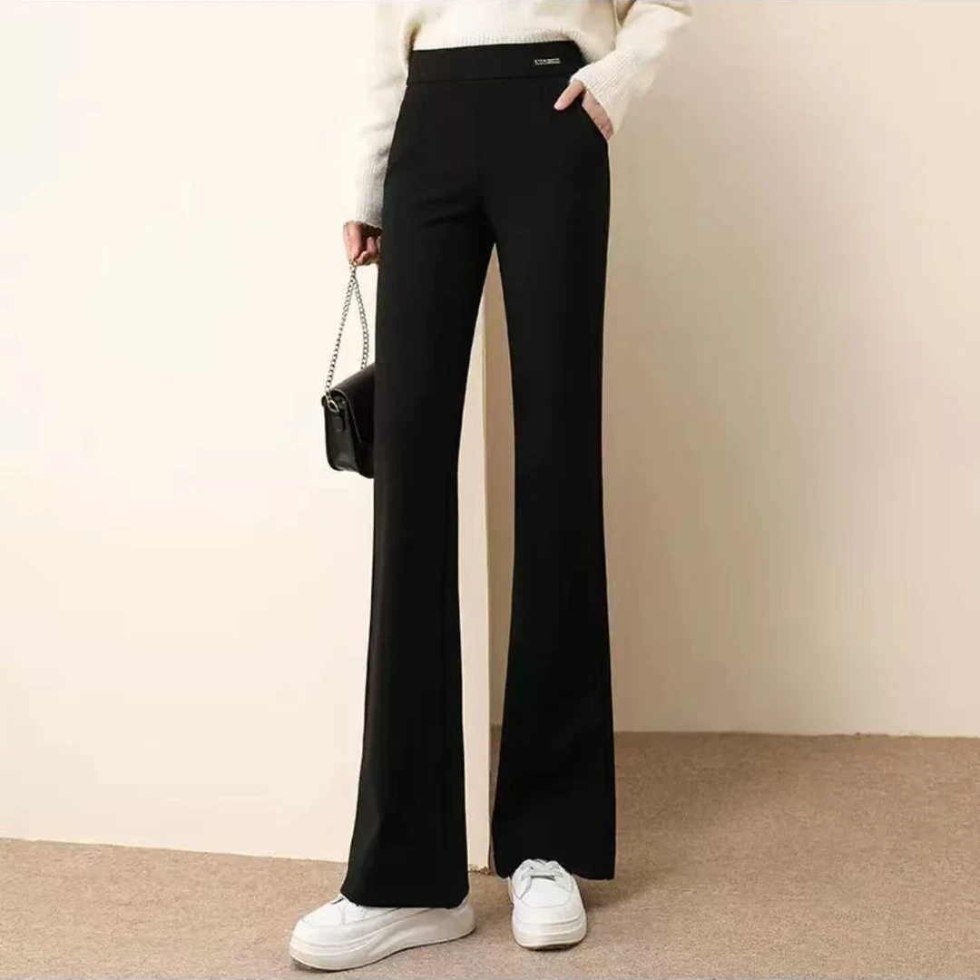 2024春秋新款显瘦纯色微喇裤时尚百搭修身黑色女裤子3371长97