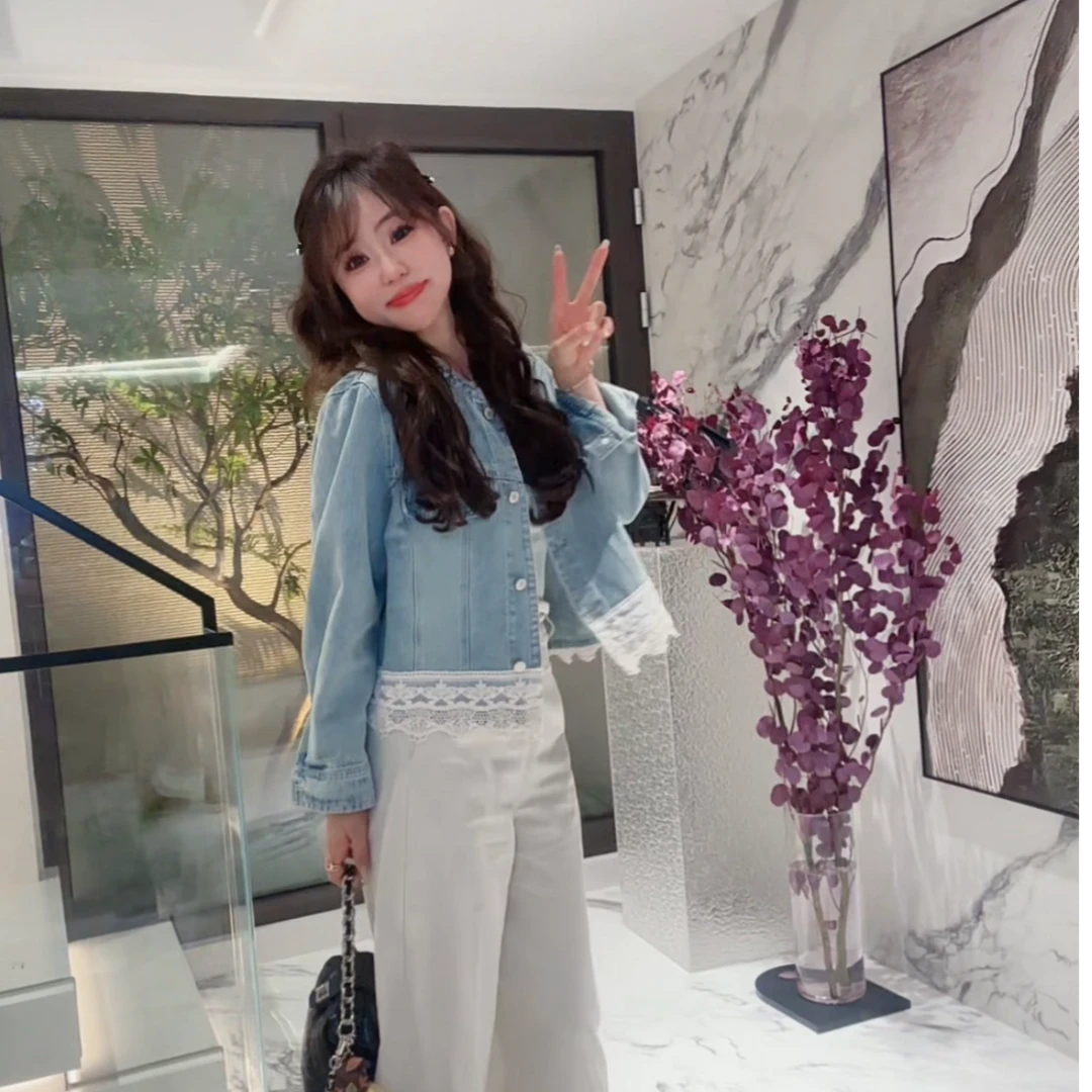 YX六WT2025021204新款蕾丝下摆牛仔外套长袖气质时尚百搭