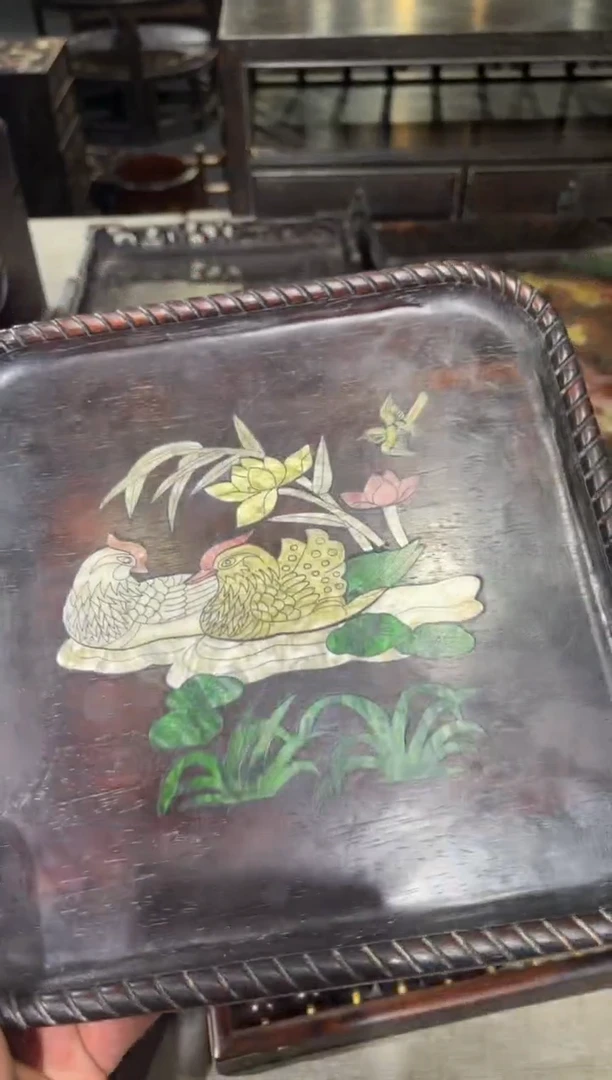木紫檀镶嵌鸳鸯戏水方茶盘