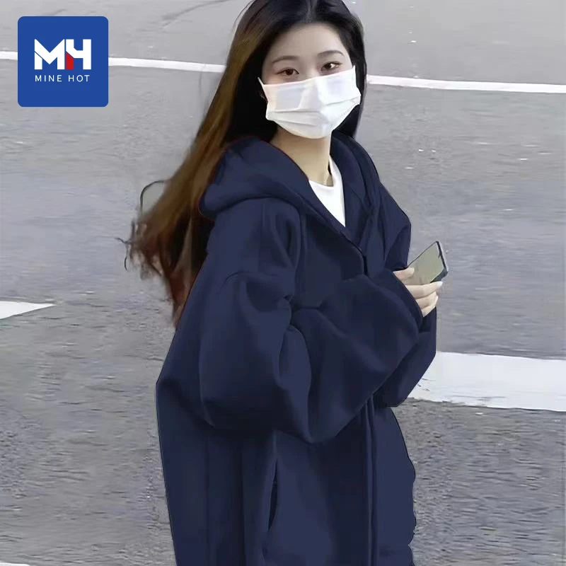 唐狮集团MH春秋宽松藏青卫衣女2025新款爆款慵懒风连帽开衫外套L
