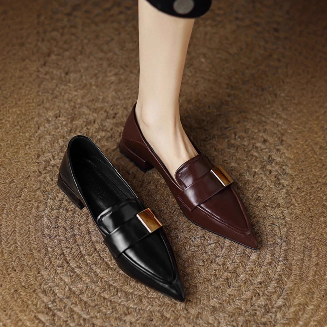 法式英伦复古真皮乐福鞋女2025春秋新款尖头职业女鞋平底时尚单鞋