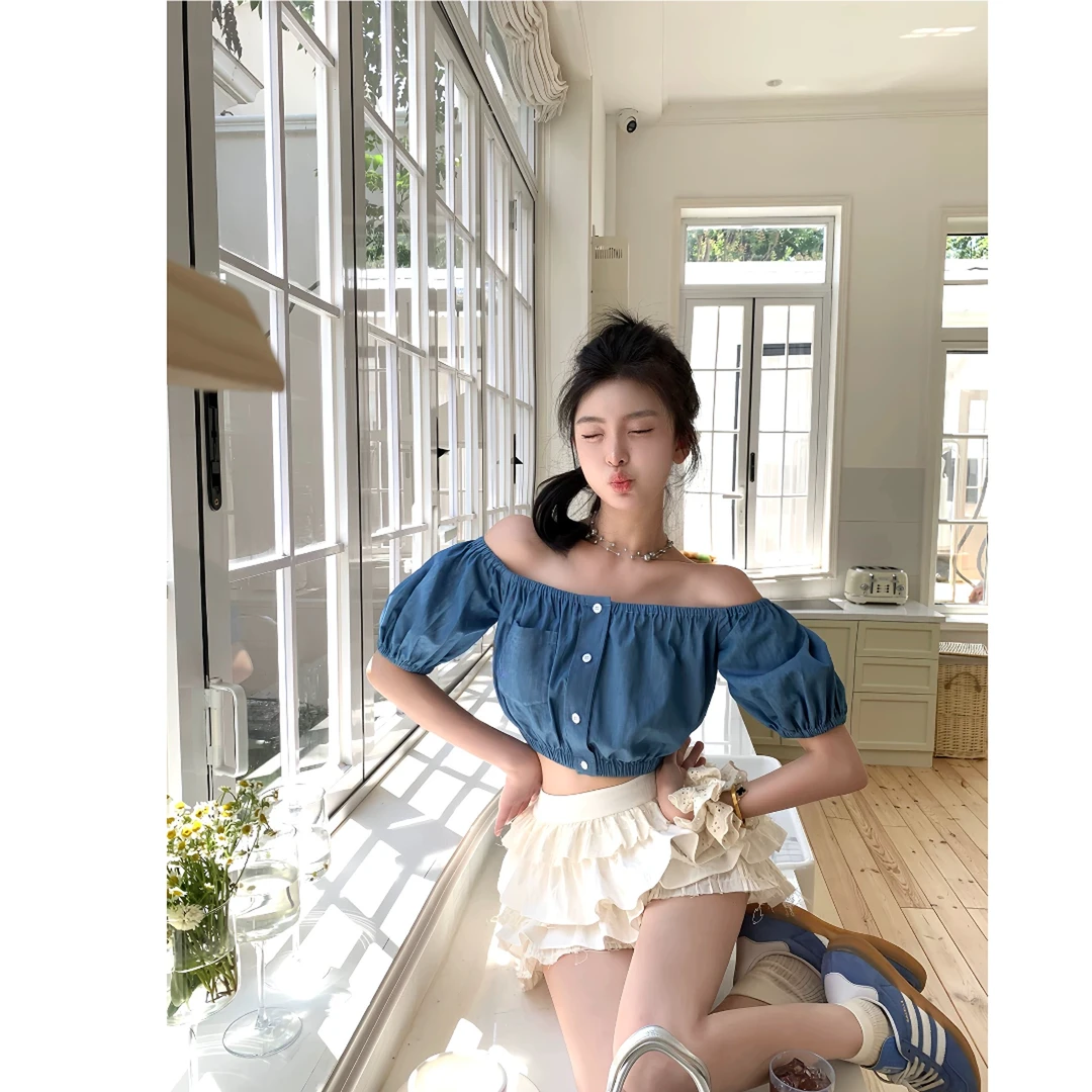 法式时尚气质设计感一字领露肩泡泡袖露脐短款上衣女配百搭半身裙