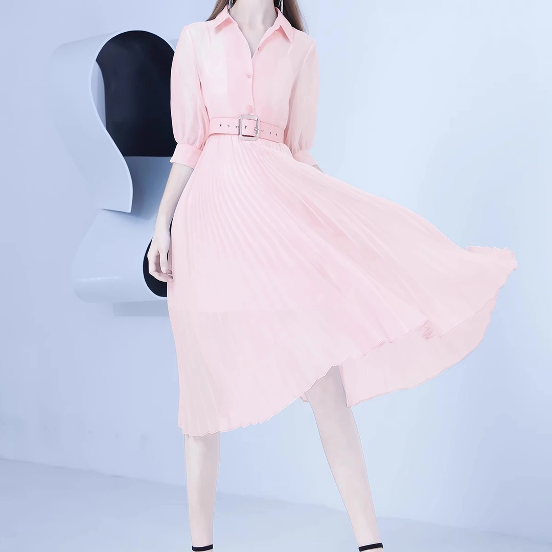 《粉丝专属》粉色气质名媛雪纺连衣裙显瘦衬衫裙-21X018033