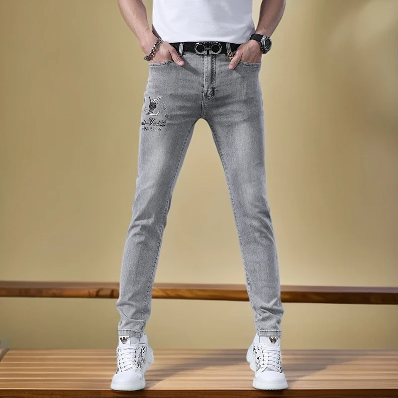 维斯克纳牛仔裤男春夏款修身小脚韩版潮牌烫钻印花弹力休闲长裤子