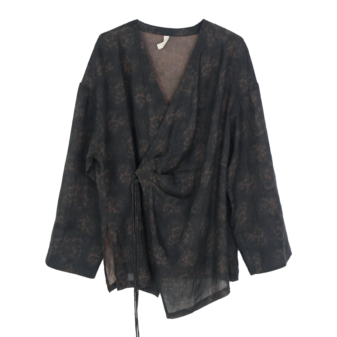 SB3230290423【寄雨】素白夏季时尚百搭新中式长袖印花斜襟上衣