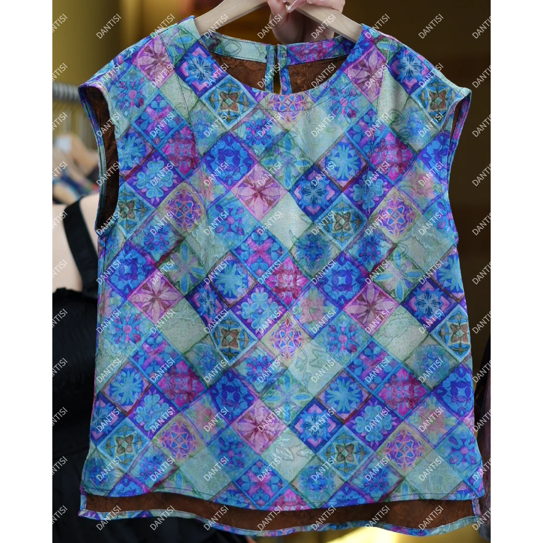 菱花《非遗美学》1485中式复古彩色印花无袖上衣