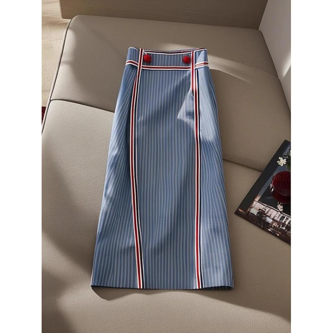 今年流行高级感超好看气质长裙垂坠感高腰条纹a字半身裙子女夏季