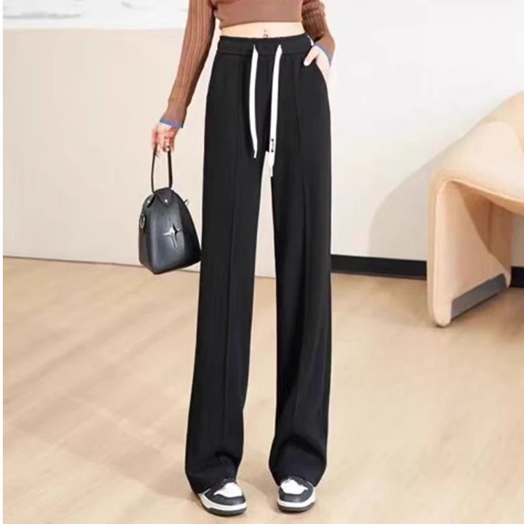 【醋酸+羊毛】新款加厚保暖羊绒裤女高腰灰色中线直筒裤窄版阔腿裤