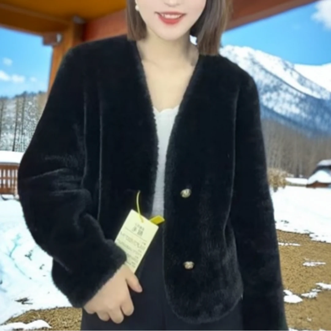 【2025新春战袍】春秋款皮毛一体貂绒短外套时洋气气质V领小个子