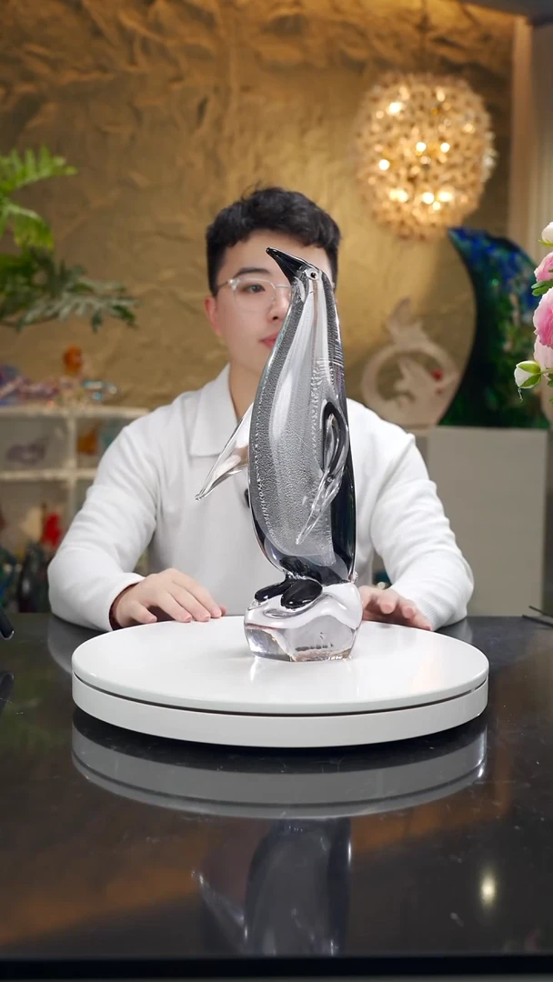 手工艺品琉璃过**j黑灰色银箔企鹅摆件