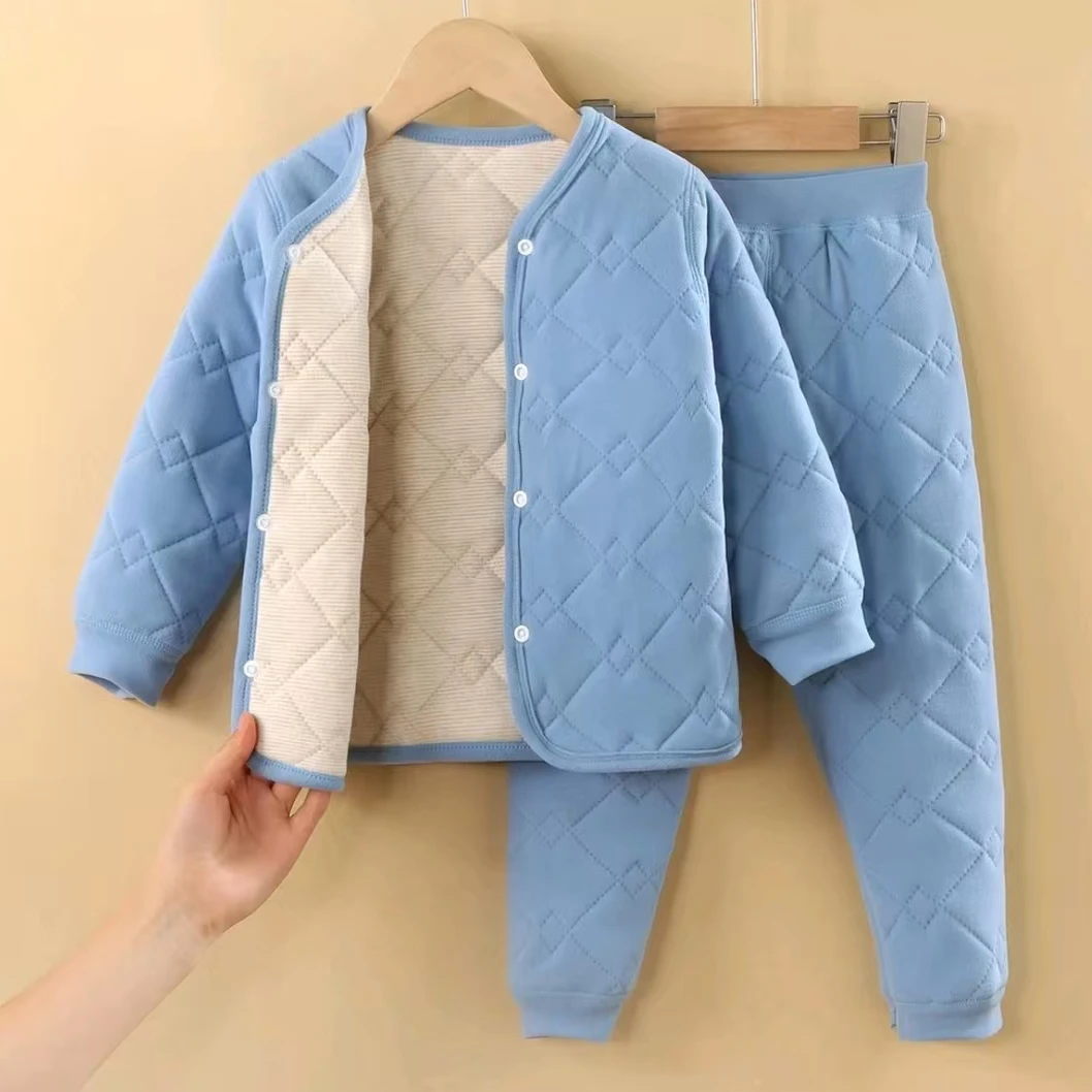 冬季新款蚕丝羊毛加绒棉袄儿童保暖套装秋冬校服神器三层夹绒内
