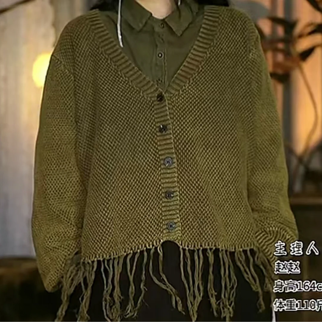 H80390文艺复古个性宽松休闲炒色做旧开衫流苏外套
